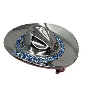 Silver Cowboy Cowgirl Hat Lapel Pin Brooch Blue Rhinestones Western Country